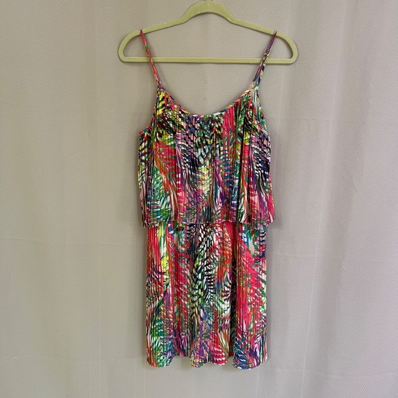 Parker Palmetto Pleated Dress Tropical 🌴 Multicolor Tiered Sz L - Picture 4 of 8